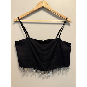 Jason Wu Crop Top Beaded Fringe Shell Black Linen Blend Size 6‎